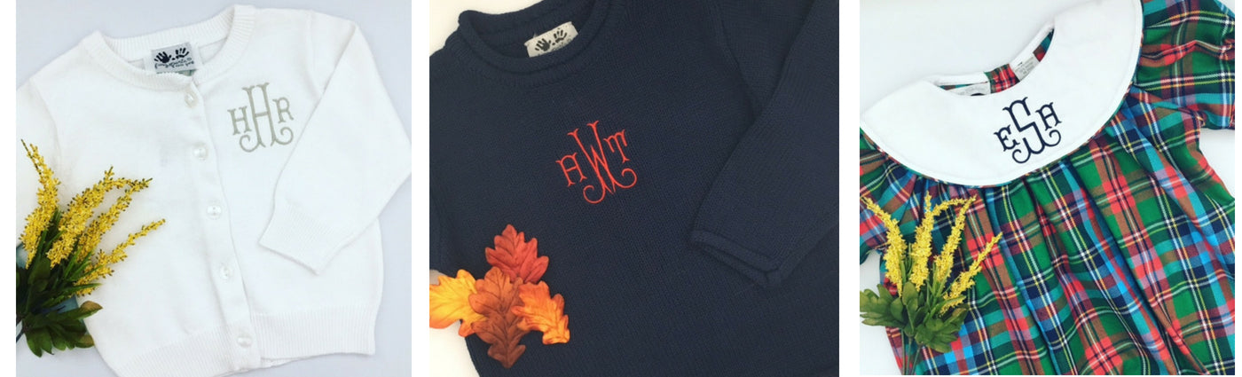 Fall monograms on childrens clothing.