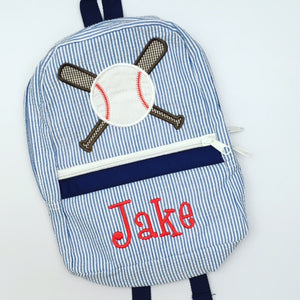 Navy Seersucker Backpack with Baseball applique - Jake